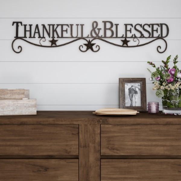 Hastings Home Metal Cutout, Thankful and Blessed Wall Sign, 3D Word Art Accent Décor, Modern Rustic Farmhouse 175890MRT